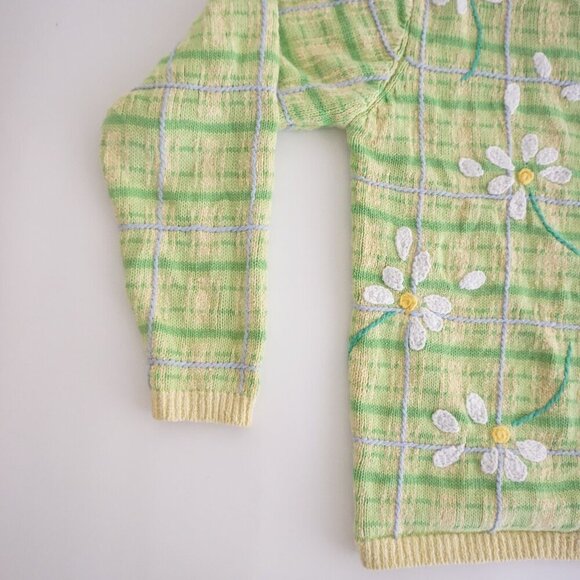 Talbots Petites Green Knit Yellow Checkered Embroidered Daisy Button Cardigan P - Picture 8 of 11